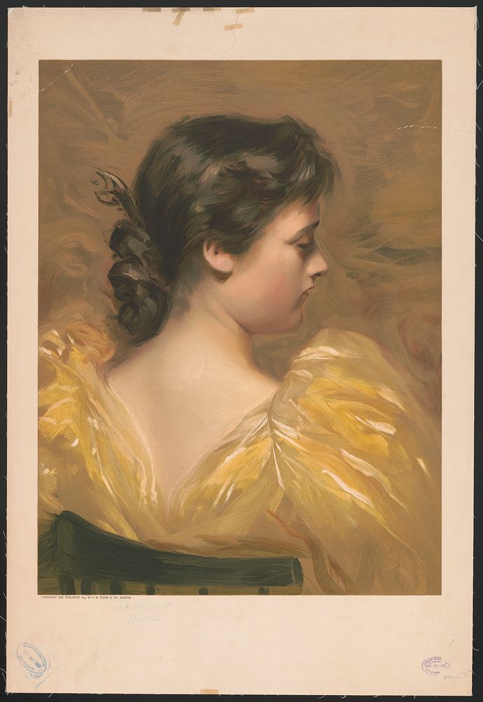 [Profile view of seated woman wearing yellow dress]