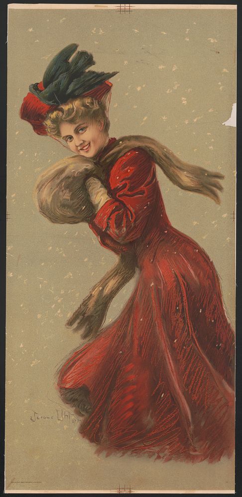 [Woman wearing red coat and hat with fur muffler in the snow], Gray Lith. Co., lithographer