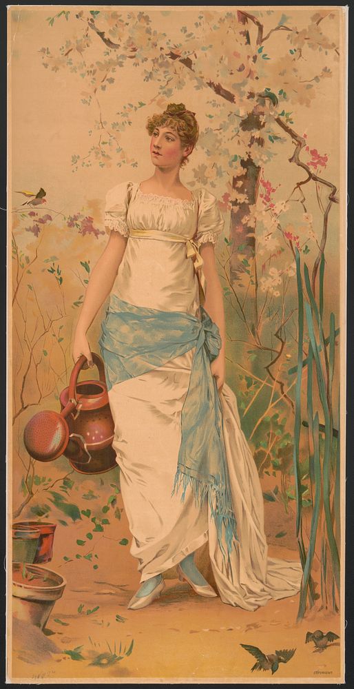 [Woman in white dress with blue sash standing holding a watering can]
