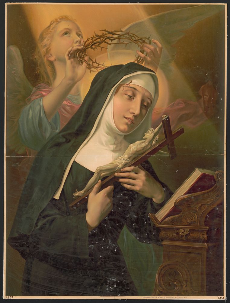 [Female saint holding crucifix while crown of thorns is placed on her head by an angel]