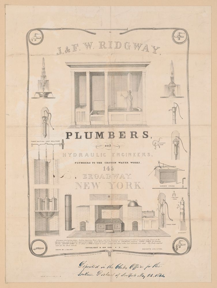 J. & F.W. Ridgway, plumbers and hydraulic engineers, plumbers to the Croton Water Works, 145 Broadway, New York / drawn by…
