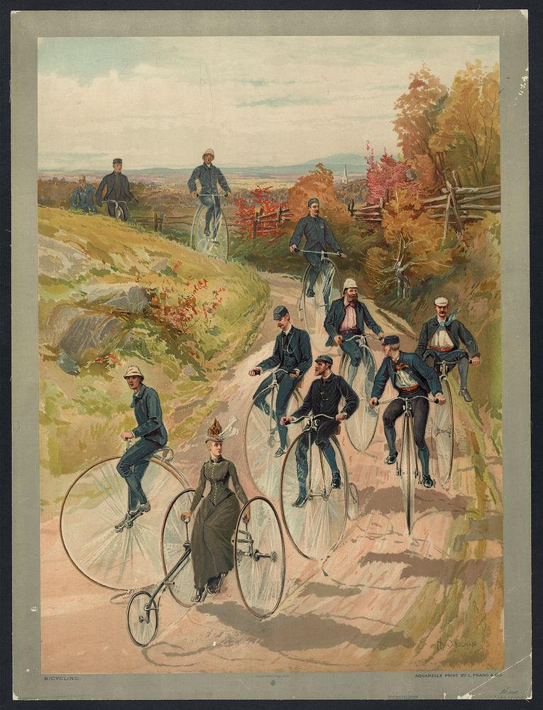 Bicycling / Hy Sandham ; aquarelle print, L. Prang & Co., publisher