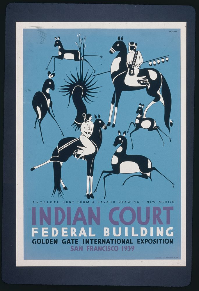 Indian court, Federal Building, Golden Gate International Exposition, San Francisco, 1939 Antelope hunt from a Navaho…
