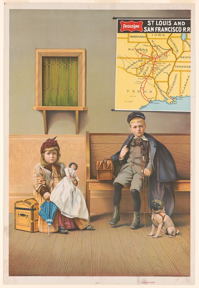 [Girl holding doll and boy with dog in waiting room at railroad station] / The Strobridge Litho Co., Cincinnati, O. U.S.A.…