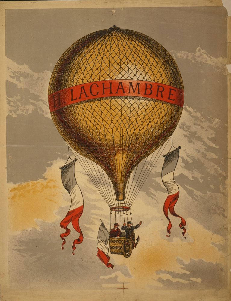 [Balloon labeled "H. Lachambre," with two men riding in the basket], [Unnamed place : unnamed publisher, between 1880 and…