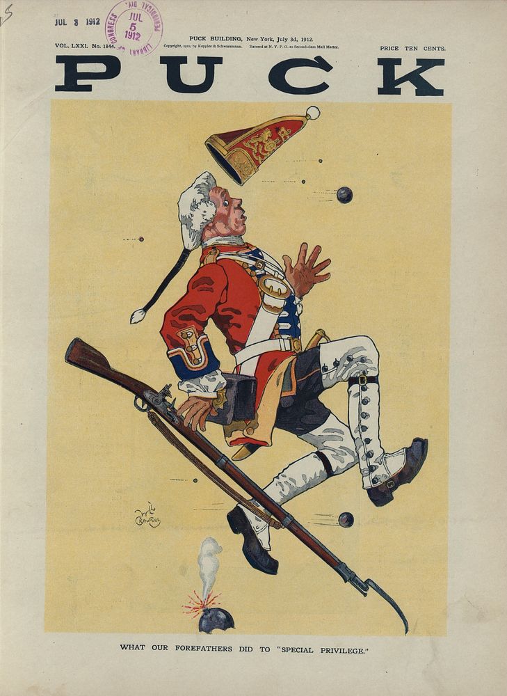 Illustration shows a British soldier trying to dodge bullets during the American Revolutionary War (1912). Original from the…