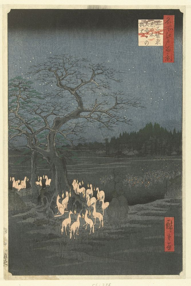 Utagawa Hiroshige (1857) Shozokuenoki Tree at Oji: Fox–fires on New Years Eve. Original public domain image from the…