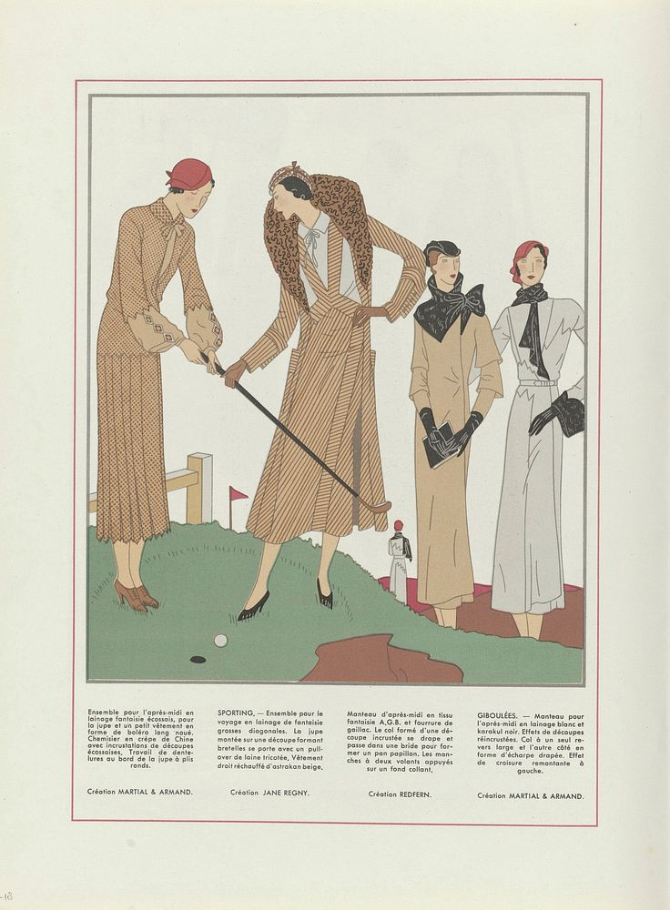 Vier vrouwen op een golfterrein (1931) fashion illustration in high resolution by Martial et Armand and Redfern.  