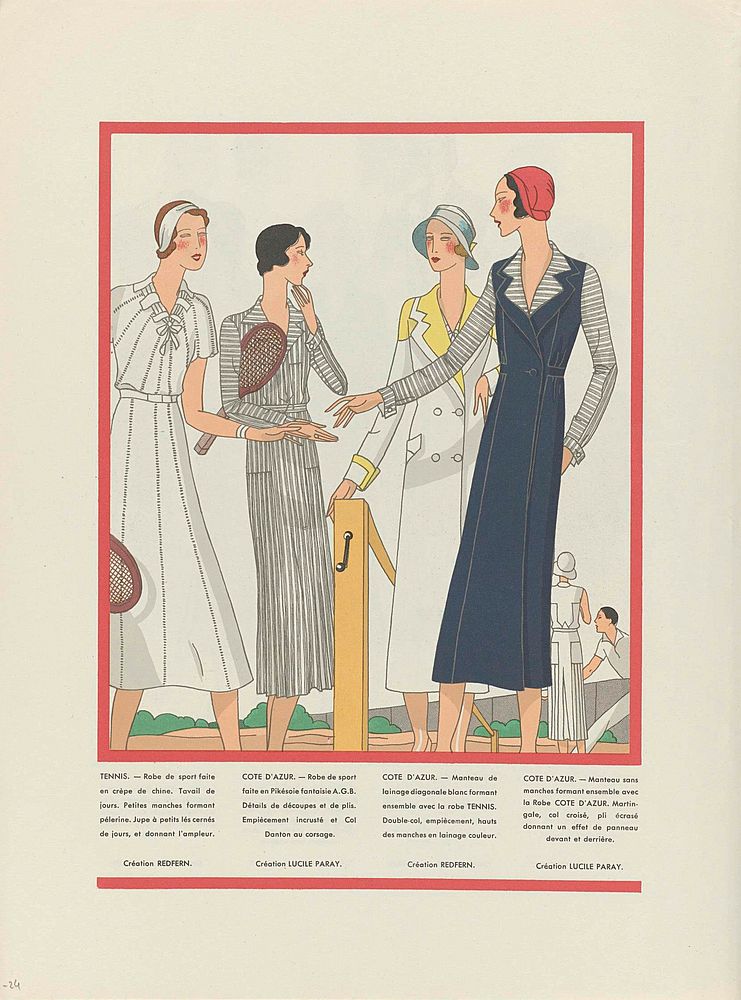 Vier vrouwen in tenniskleding (1931) fashion illustration in high resolution by Redfern.  