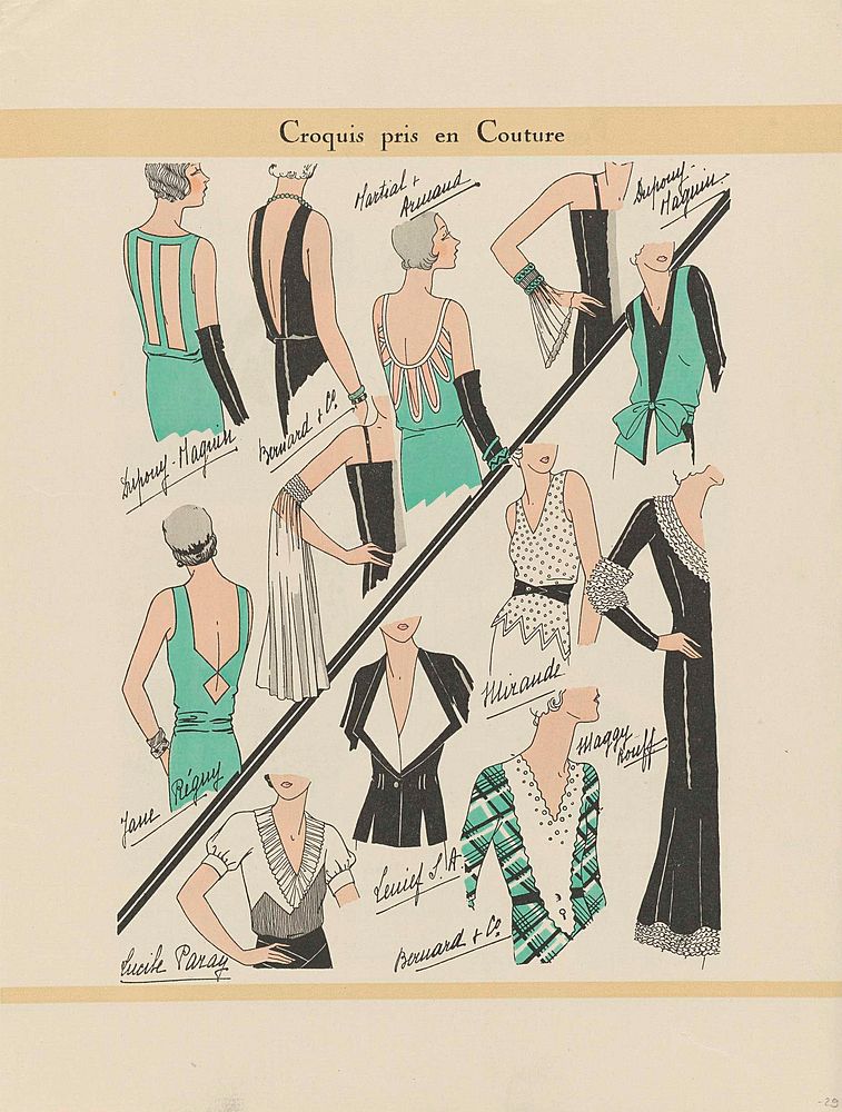 Croquis pris en Couture (1931) fashion illustration in high resolution by Dupouy-Magnin, Jane Regny, Bernard & Cie and…