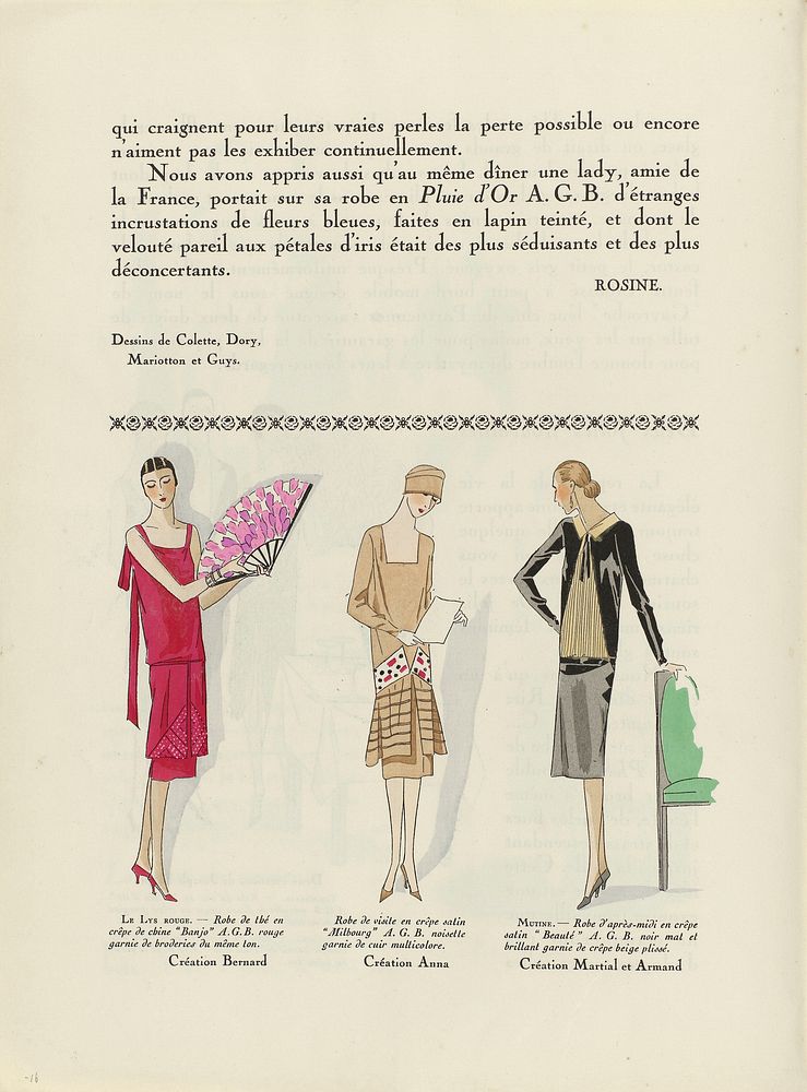 Tekst met illustratie van drie japonnen (1926) fashion illustration in high resolution by Bernard, Anna and Martial et…