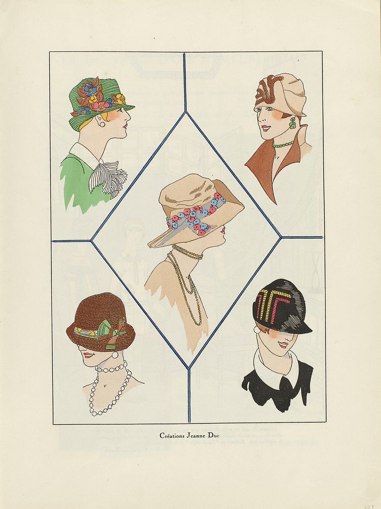 Vijf verschillende dameshoeden van Jeanne Duc (1926) fashion illustration in high resolution by Jeanne Duc.  