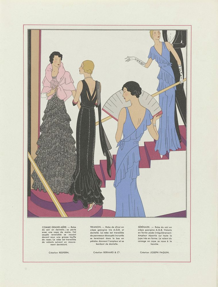 Links: avondjurk van kant met een cape van 'moire' (1931) fashion illustration in high resolution by Redfern, Bernard et Cie…