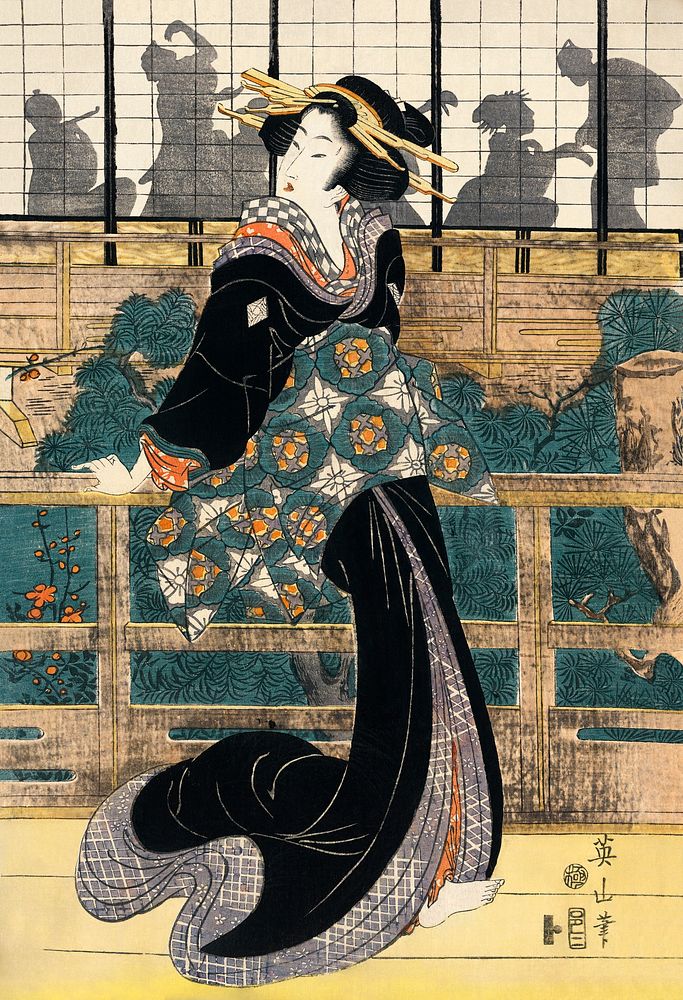 Japanese woman (1787-1867) vintage woodcut prints by Kikukawa Eizan. Original public domain image from the Library of…