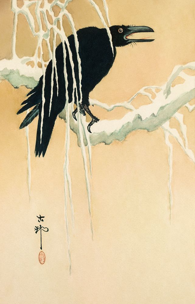 Raven in winter (1802 - 1890) vintage Ukiyo-e style by Ikeda Koson. Original public domain image from the Library of…