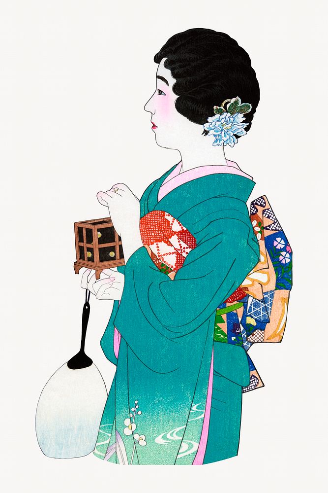 Japanese woman and firefly cage illustration.   Remastered by rawpixel. 
