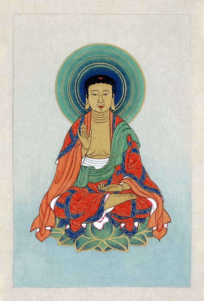 Religious figure, possibly Buddha, sitting on a lotus, facing front, with blue/green halo behind his head (1878). Original…