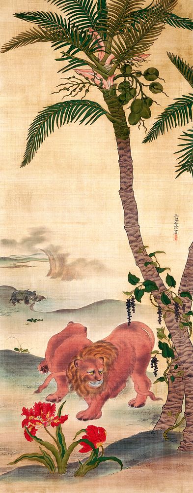 Lions in a fantastic landscape (1830) by Kano Sōtoku. Original public domain image from The Minneapolis Institute of Art.  …