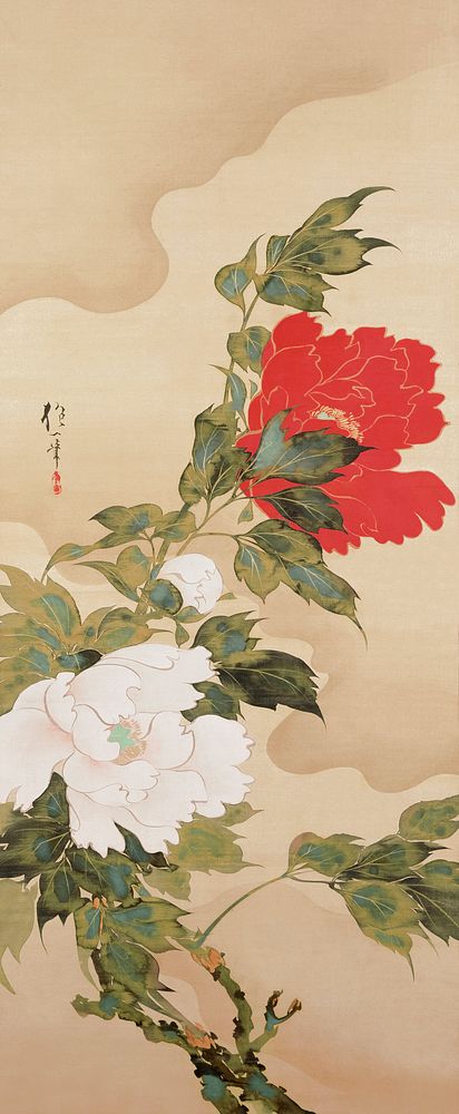 Japanese peonies (1761 - 1828) vintage ink and color on silk by Sakai Hōitsu. Original public domain image from the…