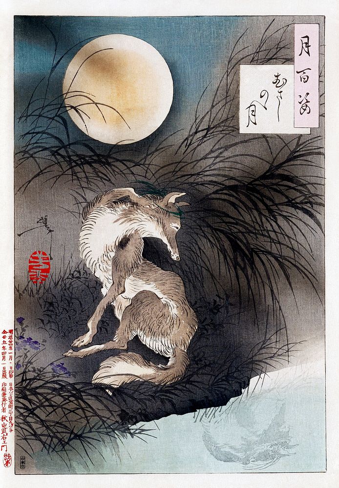 Japanese wolf and the moon (1892) vintage woodblock print by Tsukioka Yoshitoshi. Original public domain image from the…