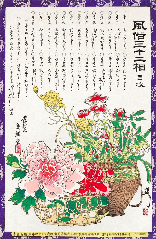 Japanese flower baskets and poets (1888) vintage woodblock print by Tsukioka Yoshitoshi. Original public domain image from…