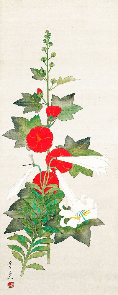 Japanese hollyhock flowers (19th century) vintage painting by Suzuki Kiitsu. Original public domain image from the…