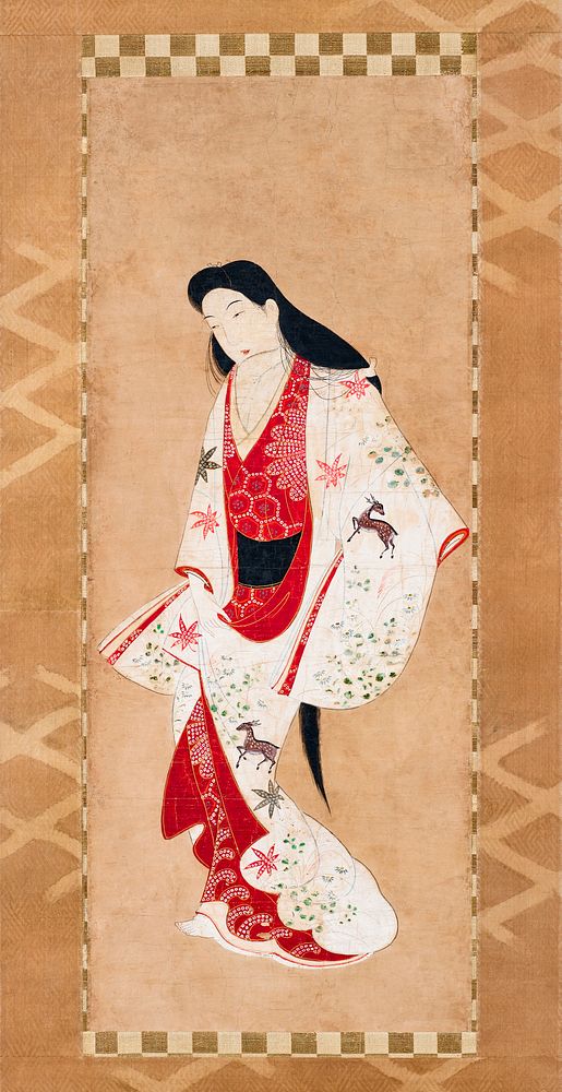 Japanese woman from the &ldquo;Visiting Kawachi&rdquo; Episode of the Tales of Ise (17th century) vintage painting. Original…