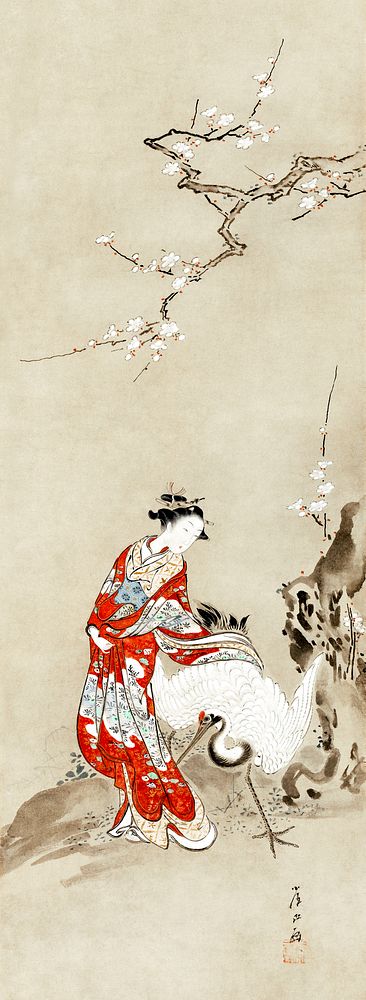 Japanese woman and crane (18th century) vintage painting by Kawamata Tsunemasa. Original public domain image from The…