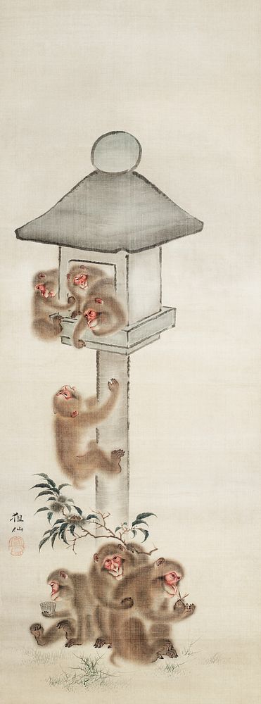 Japanese monkeys and stone lantern (19th century) vintage painting by Mori Sosen. Original public domain image from the…