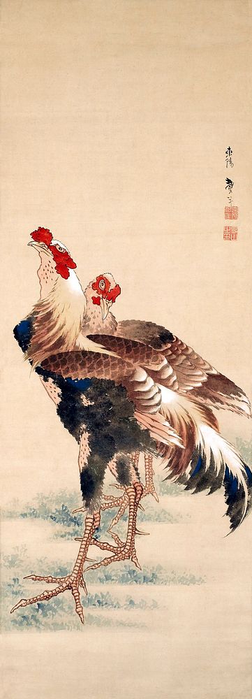 Japanese rooster (1810-1853) vintage painting by Katsushika Taito II. Original public domain image from the Minneapolis…