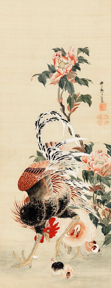 Japanese rooster and family (1797) vintage painting by Itō Jakuchū. Original public domain image from the Minneapolis…