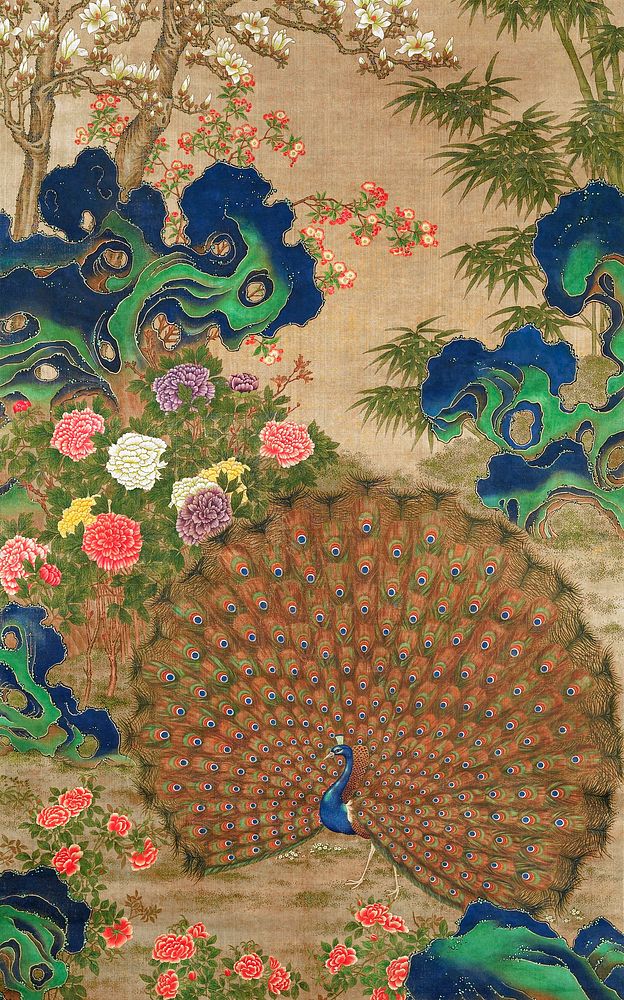 Chinese peacock and flowers (17th century) vintage painting. Original public domain image from the Minneapolis Institute of…