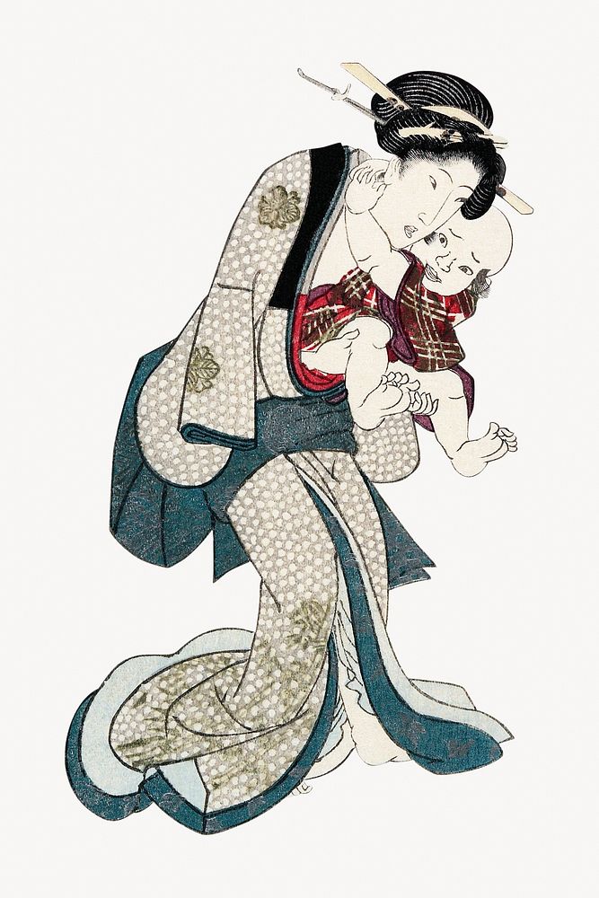 Japanese woman illustration, holding a baby.   Remastered by rawpixel. 