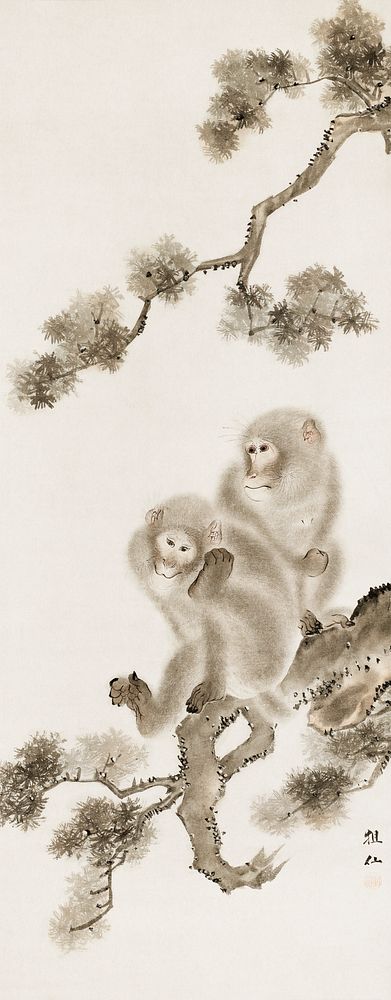 Japanese monkeys (19th century) vintage painting by Mori Sosen. Original public domain image from The Minneapolis Institute…