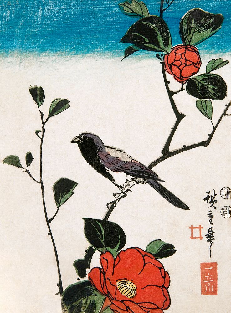 Japanese bird on camellia branch (1849-1850) vintage woodblock print by Utagawa Hiroshige. Original public domain image from…