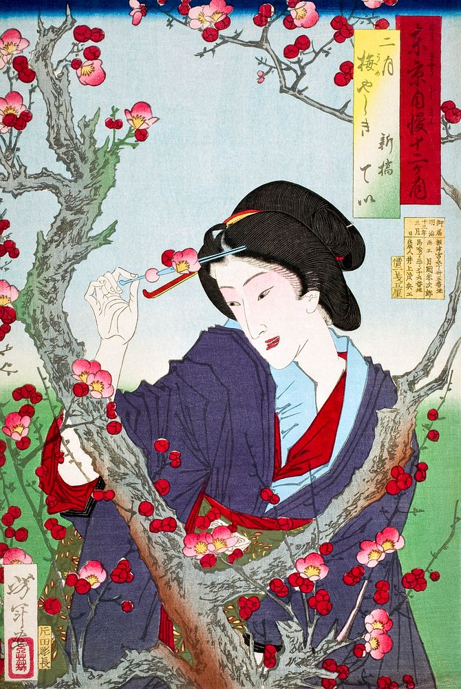 Japanese woman by a plum tree (1880) vintage woodblock print by Tsukioka Yoshitoshi. Original public domain image from the…