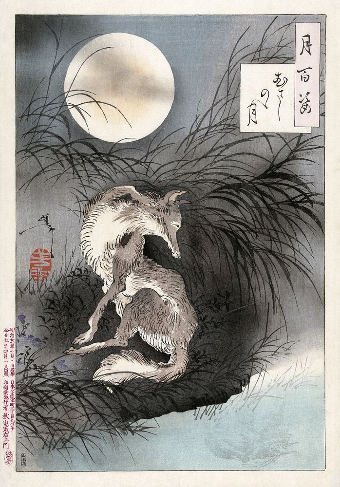 Fox and the moon (1892) vintage Japanese print by Tsukioka Yoshitoshi. Original public domain image from the Rijksmuseum.  …