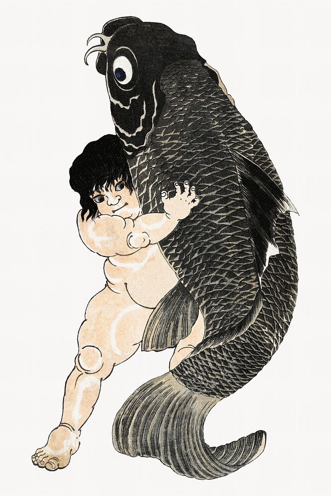 Boy wrestling fish, Japanese illustration..  Remastered by rawpixel. 