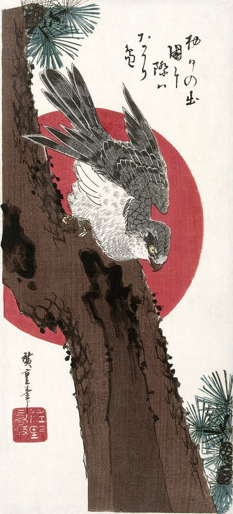 Hawk and red sun, vintage woodblock print by Utagawa Hiroshige. Original public domain image from the Rijksmuseum.  …