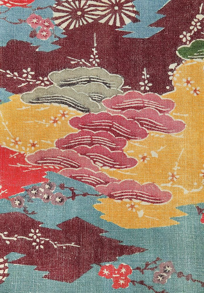 Fragment decorated with pine, plum, and chrysanthemum over stylized pine bark (19th Century). Original public domain image…