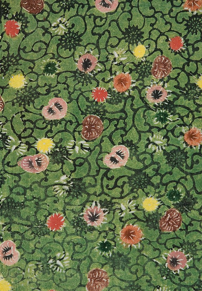 Green-ground fragment decorated with floral arabesques and hollyhocks (19th Century). Original public domain image from the…