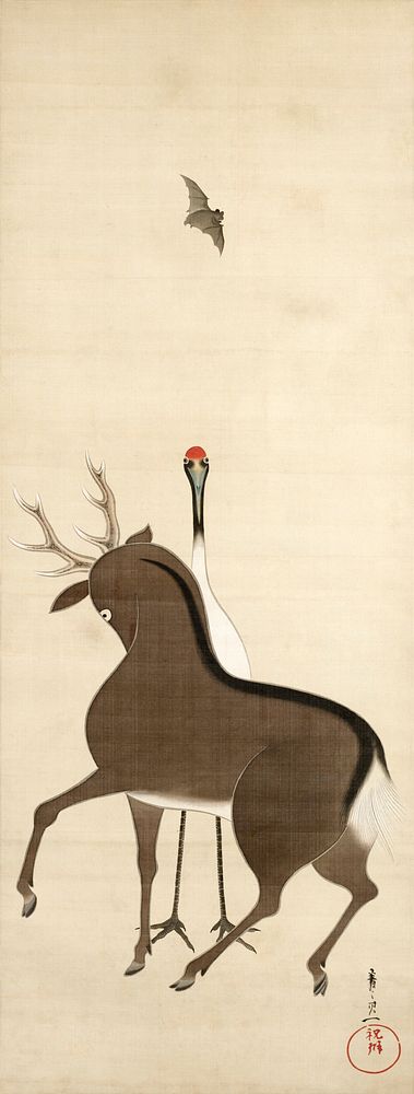 Deer, crane and bat (19th century) vintage Japanese painting by Suzuki Kiitsu. Original public domain image from the…