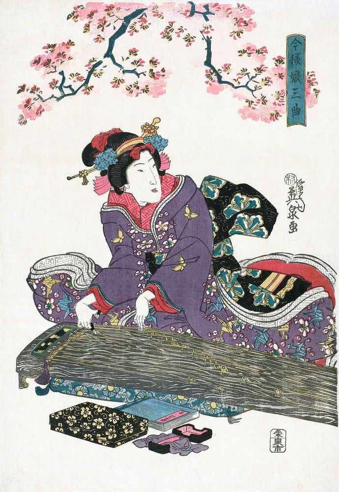 Japanese woman and cherry blossom (1828) vintage woodblock prints by Keisai Eisen. Original public domain image by Utagawa…