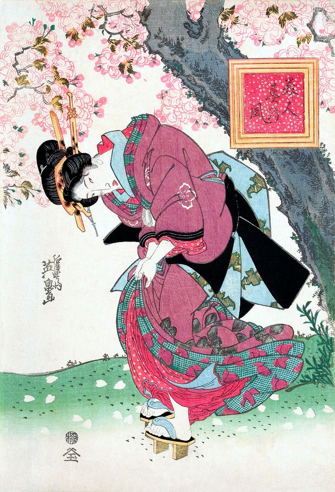 Japanese woman and cherry blossom (1828) vintage woodblock prints by Keisai Eisen. Original public domain image by Utagawa…