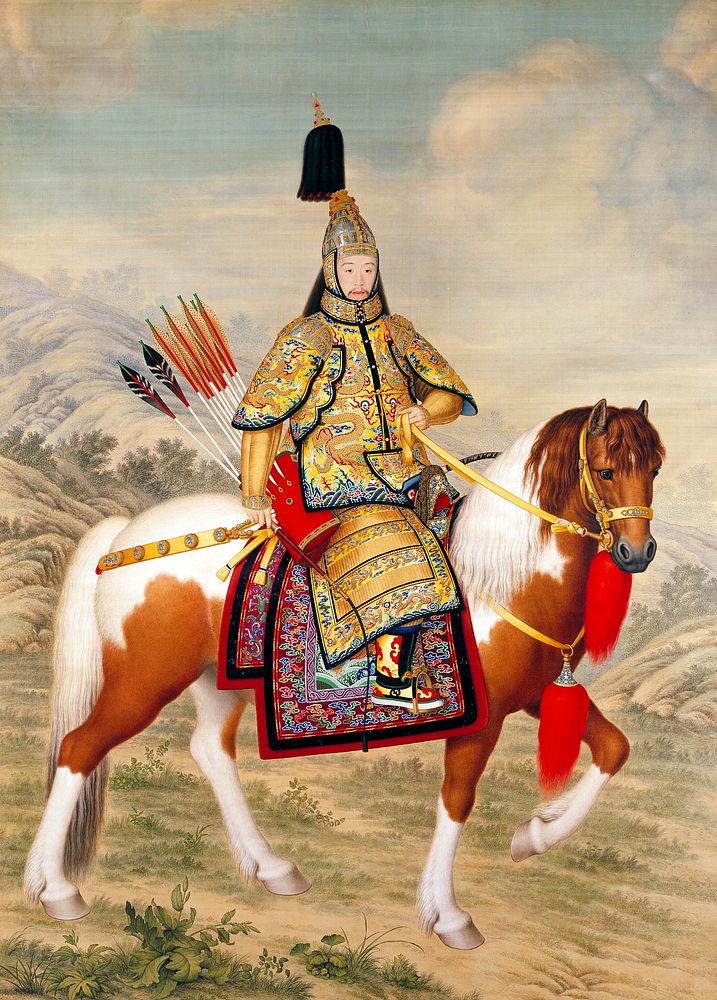 Qianlong emperor in ceremonial armour on horseback (1758) vintage  Chinese printing. Original public domain image from…