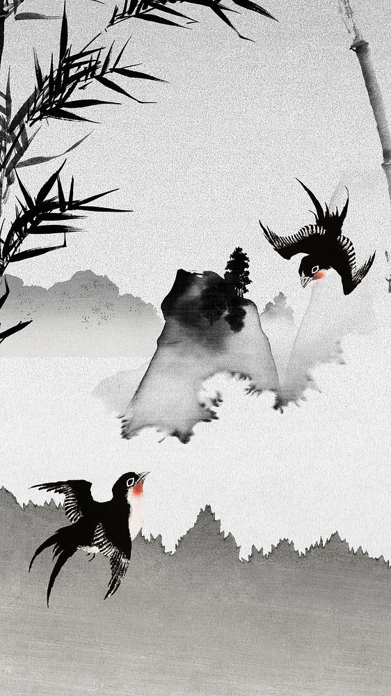 Japanese birds mobile wallpaper, black forest illustration