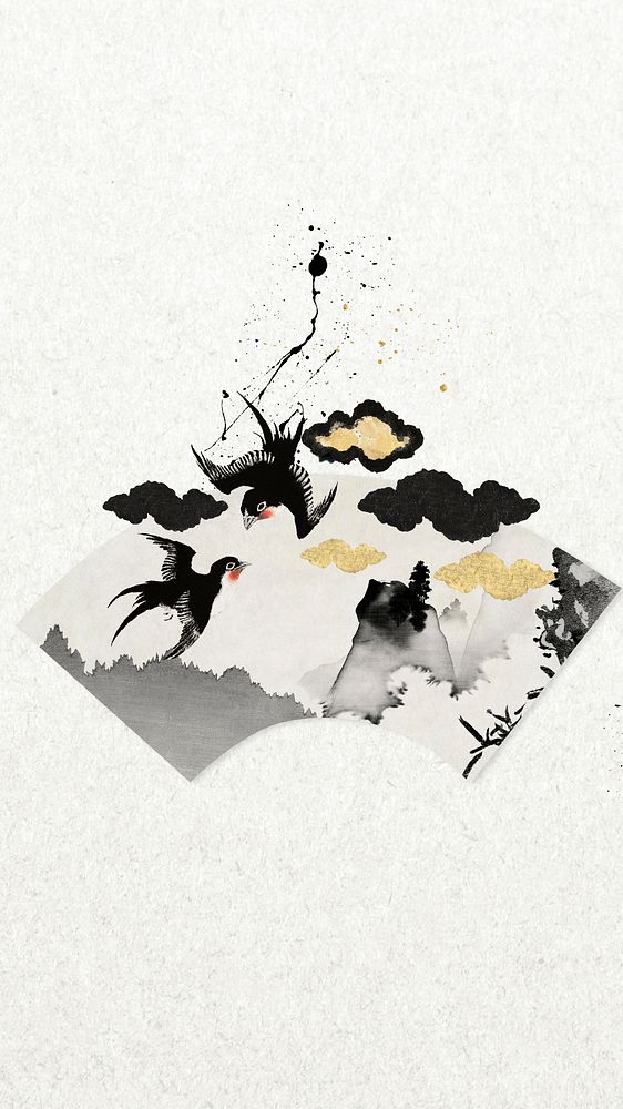 Flying birds fan phone wallpaper, Japanese ink illustration