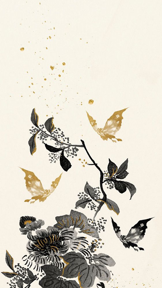 Aesthetic moths iPhone wallpaper, gold and black illustration