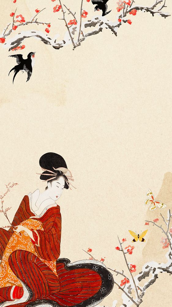 Vintage Japanese geisha mobile wallpaper, aesthetic floral design