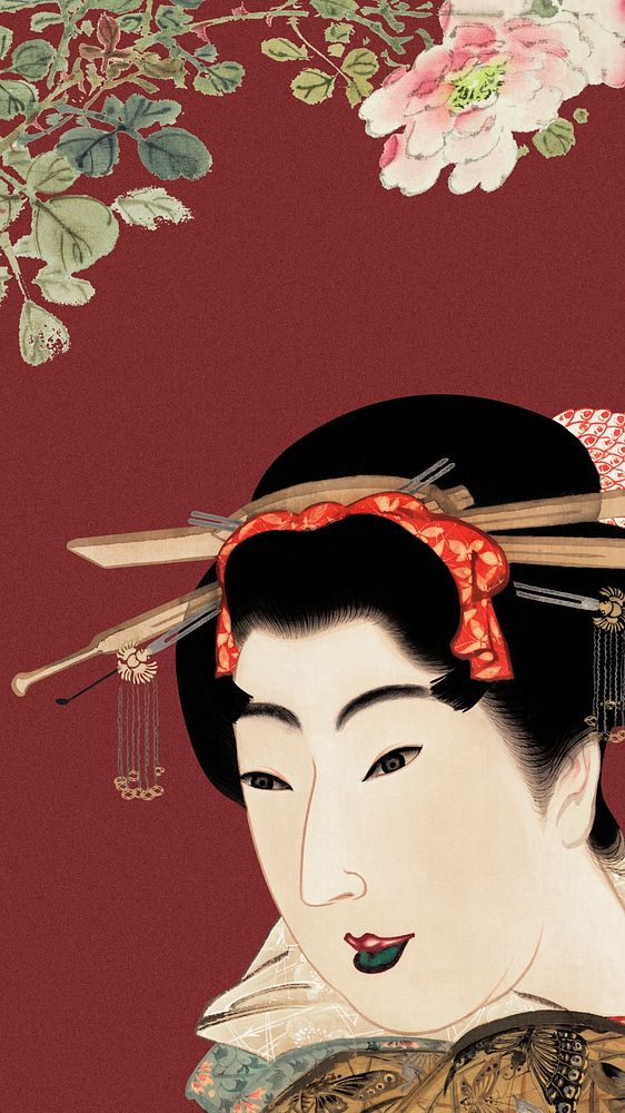 Aesthetic Japanese geisha mobile wallpaper, vintage floral design